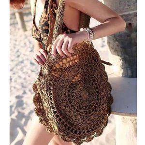 Boho coffee brown round straw bag